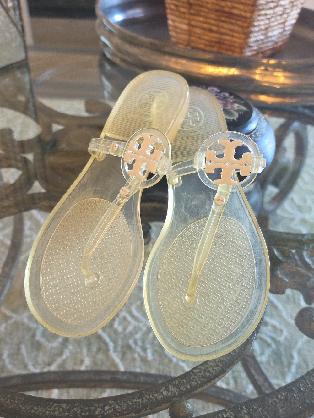 Tory Burch Mini Miller Jelly Sandals Pale Yellow Clear Logo Size 6